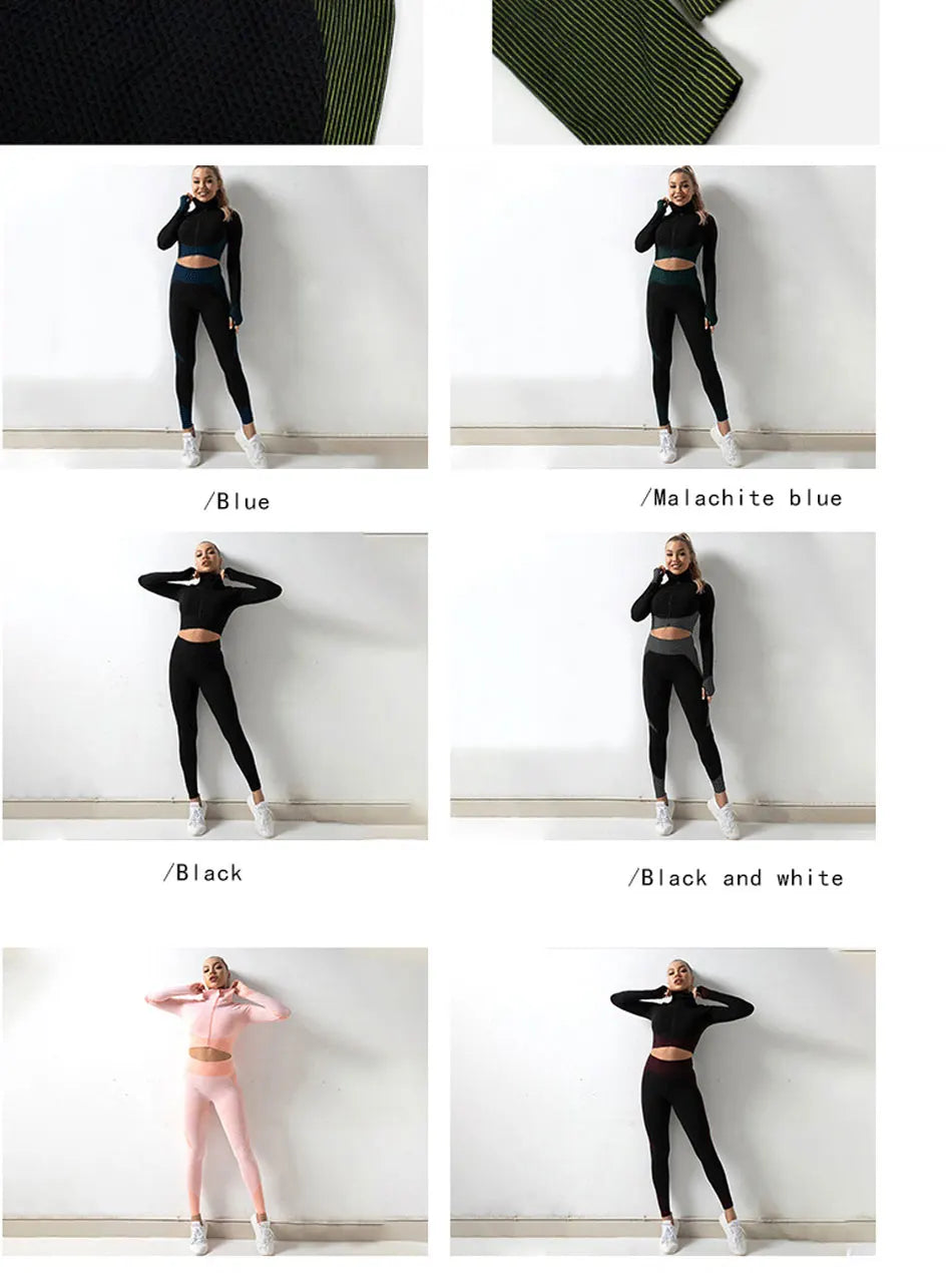 2020 Gym Set Women Plus Size Workout Clothing Seamless High Waist Leggings+Long Sleeve Suit Fitness Sport Bra Yoga Wear Sets 2XL
