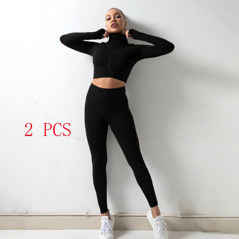2020 Gym Set Women Plus Size Workout Clothing Seamless High Waist Leggings+Long Sleeve Suit Fitness Sport Bra Yoga Wear Sets 2XL