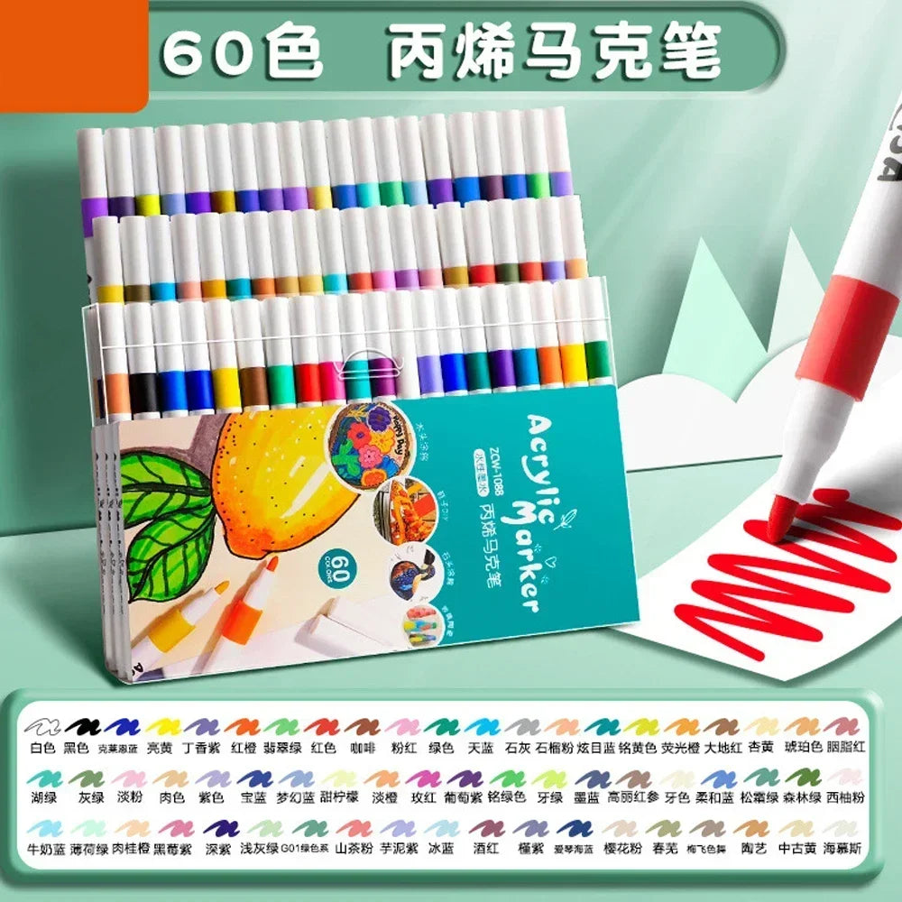 12-60 Colors Acrylic Markers Pen Set Paint Art Marker Soft Tip Pen for Children Stone Paint Ceramic Glass Wood Fabric Painting