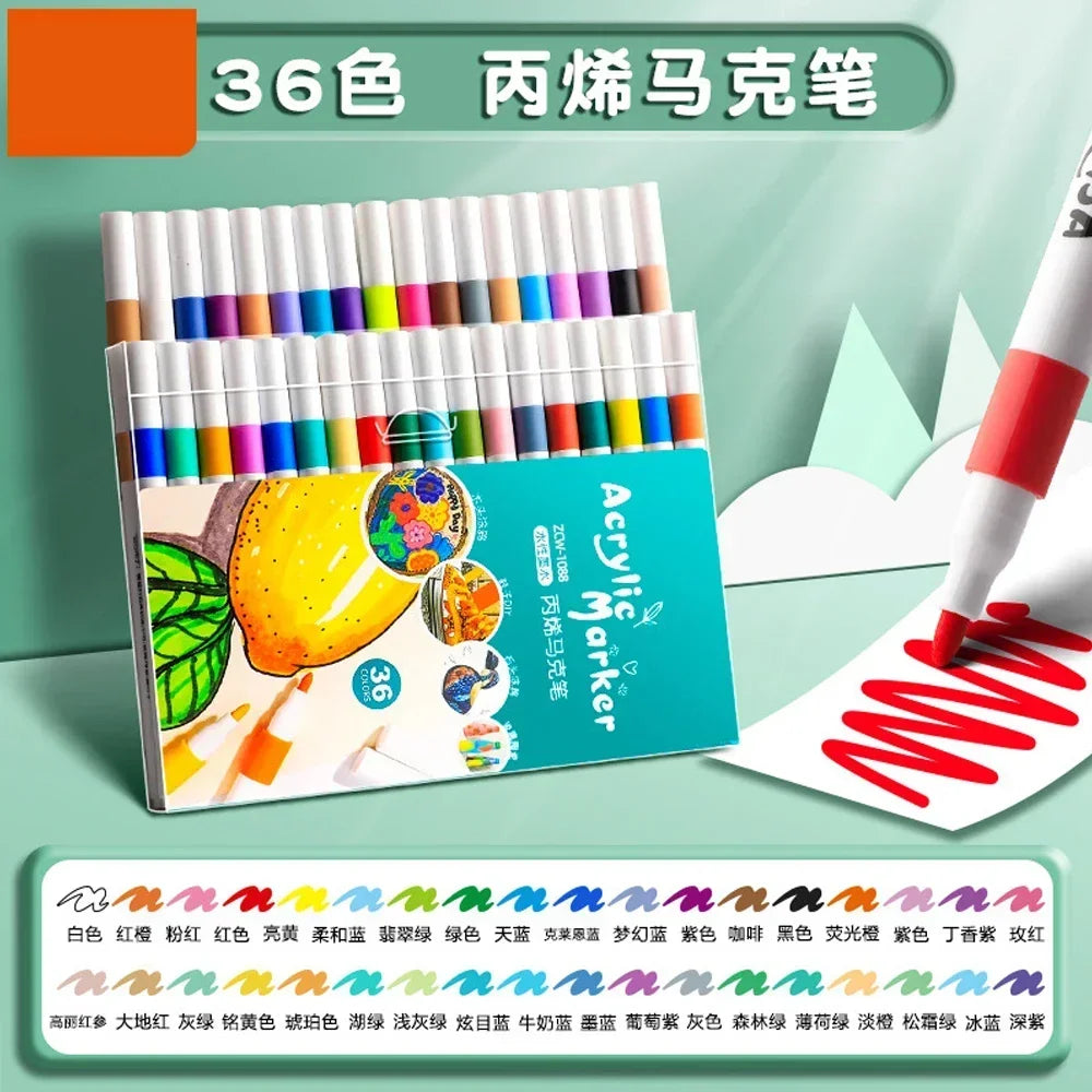 12-60 Colors Acrylic Markers Pen Set Paint Art Marker Soft Tip Pen for Children Stone Paint Ceramic Glass Wood Fabric Painting