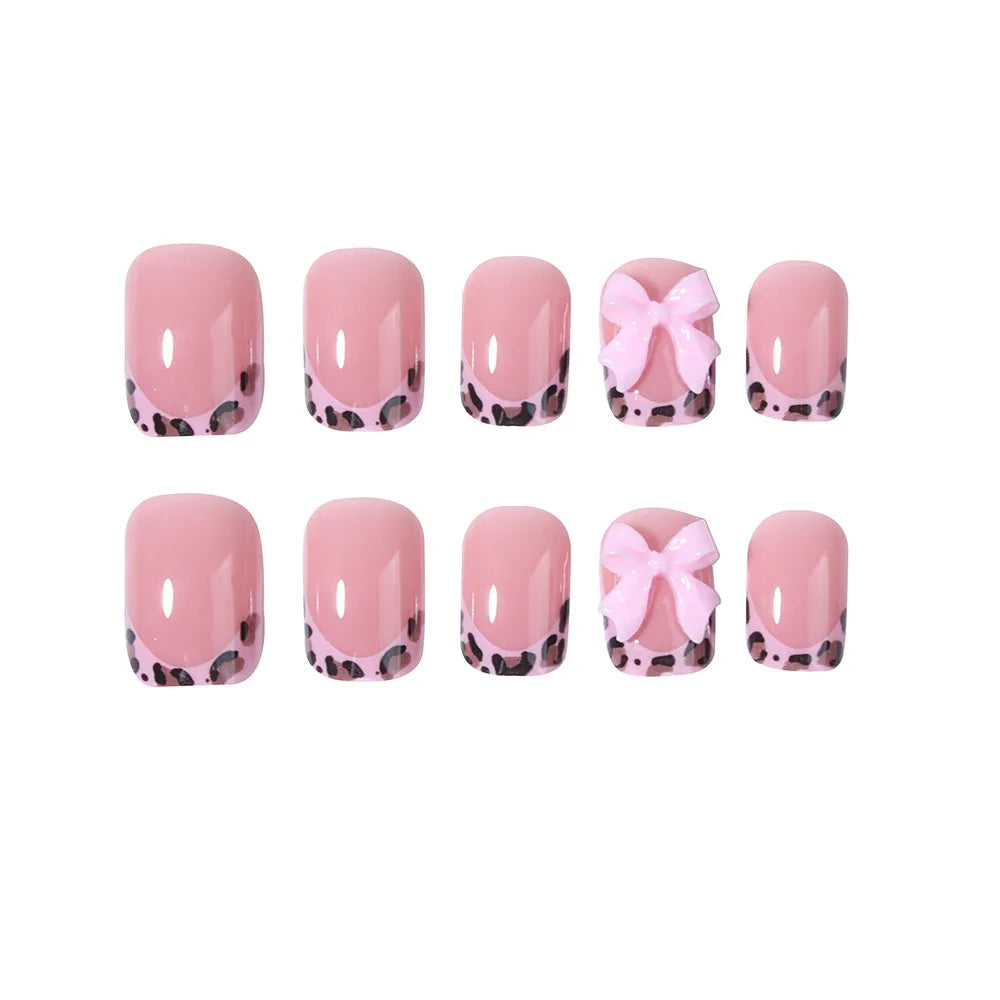 24pcs short false nail square nail,pink 3d bow and other elements,press on nails removable,suitable for women and girls,reusable