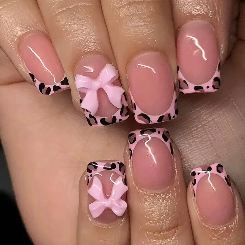 24pcs short false nail square nail,pink 3d bow and other elements,press on nails removable,suitable for women and girls,reusable