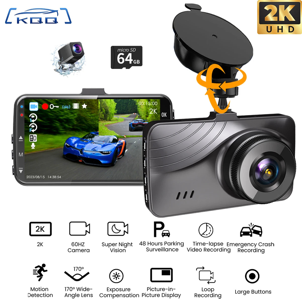 **KQQ 2K Dash Cam Front and Rear Camera 80.00