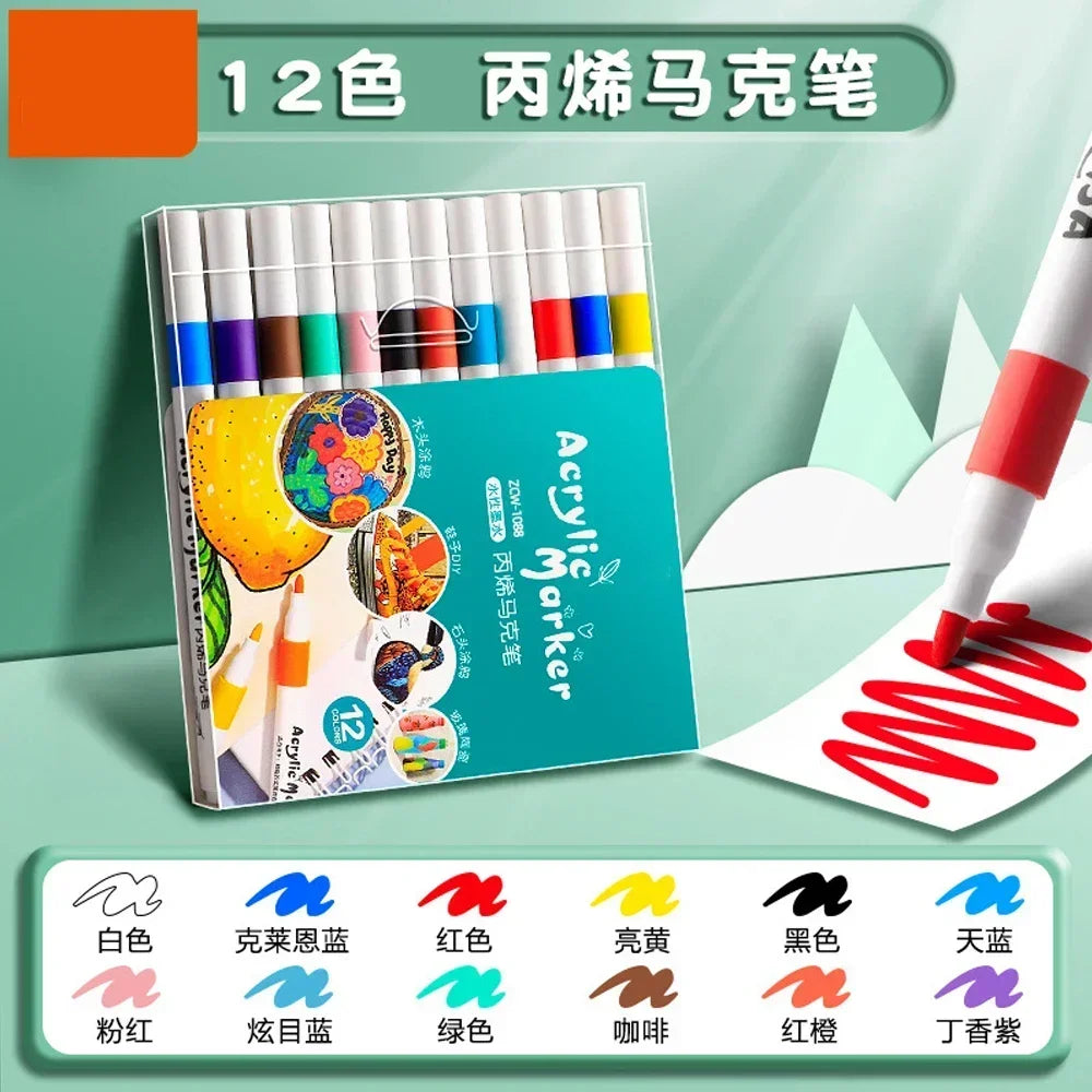12-60 Colors Acrylic Markers Pen Set Paint Art Marker Soft Tip Pen for Children Stone Paint Ceramic Glass Wood Fabric Painting